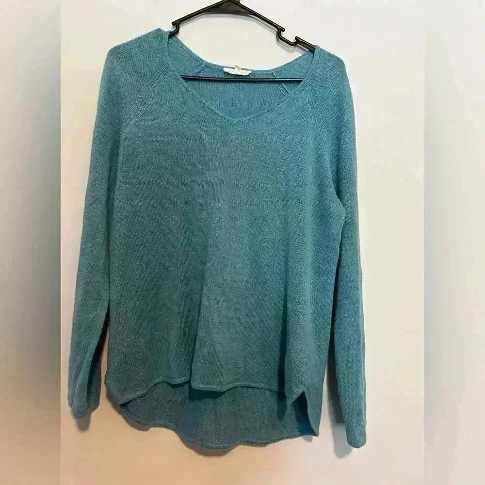 Eileen Fisher V Neck Womens Long Sleeve Sweater Blue 100% Linen Small Knit
